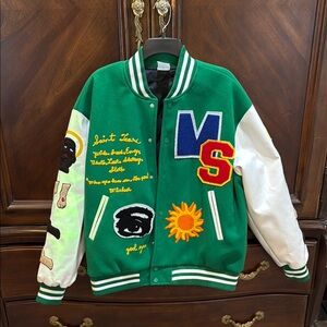 Green Varsity Jacket with Embroidered Patches